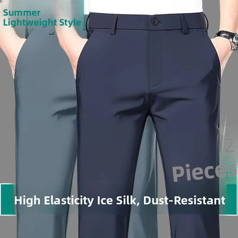 

Summer Thin Men's Casual Pants High Elastici Straight Loose Anti-Wrinkle Ice Silk Busin Trousers New Sle Long Pants