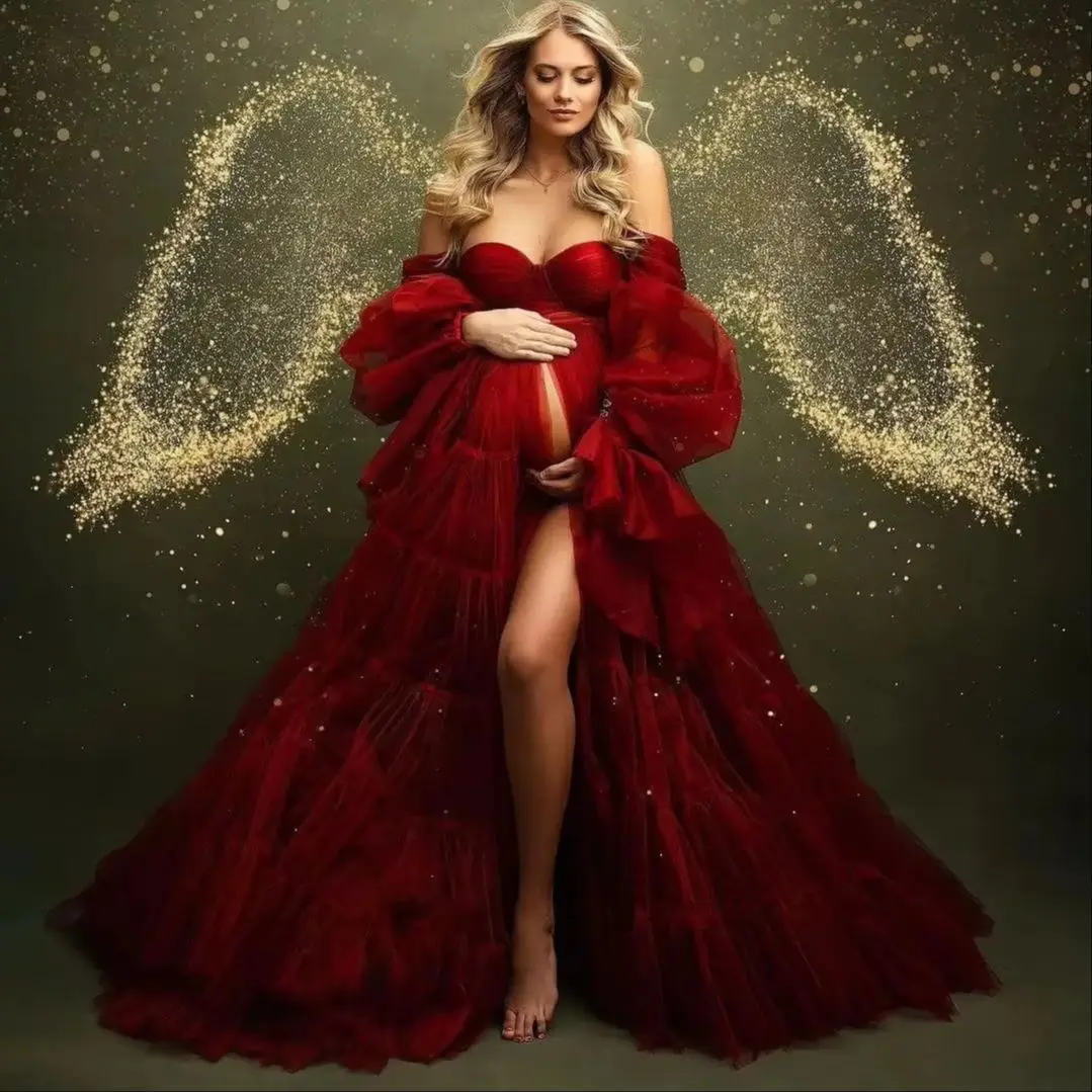 Red Maternity Dresses A Line Tulle Pregnant Women Prom Gowns Customized Photoshoot Wedding Bride Babyshower Gown
