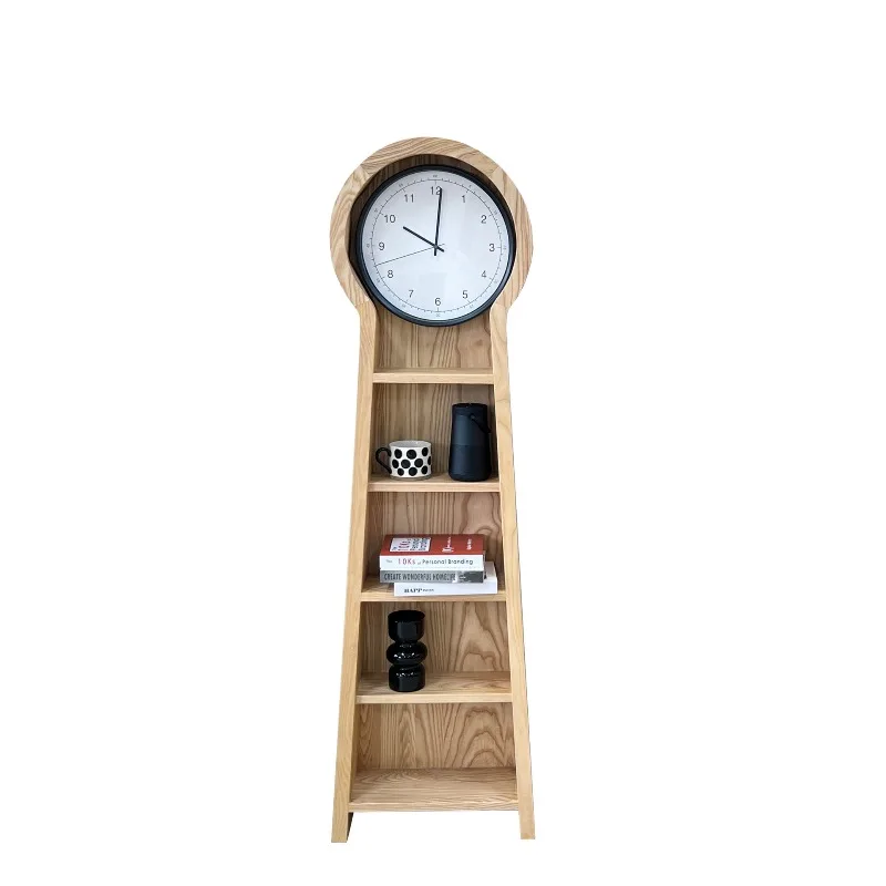 Creative floor clock living room modern solid wood bookshelf shelf multi-functional, multi-layer log shelf display stand