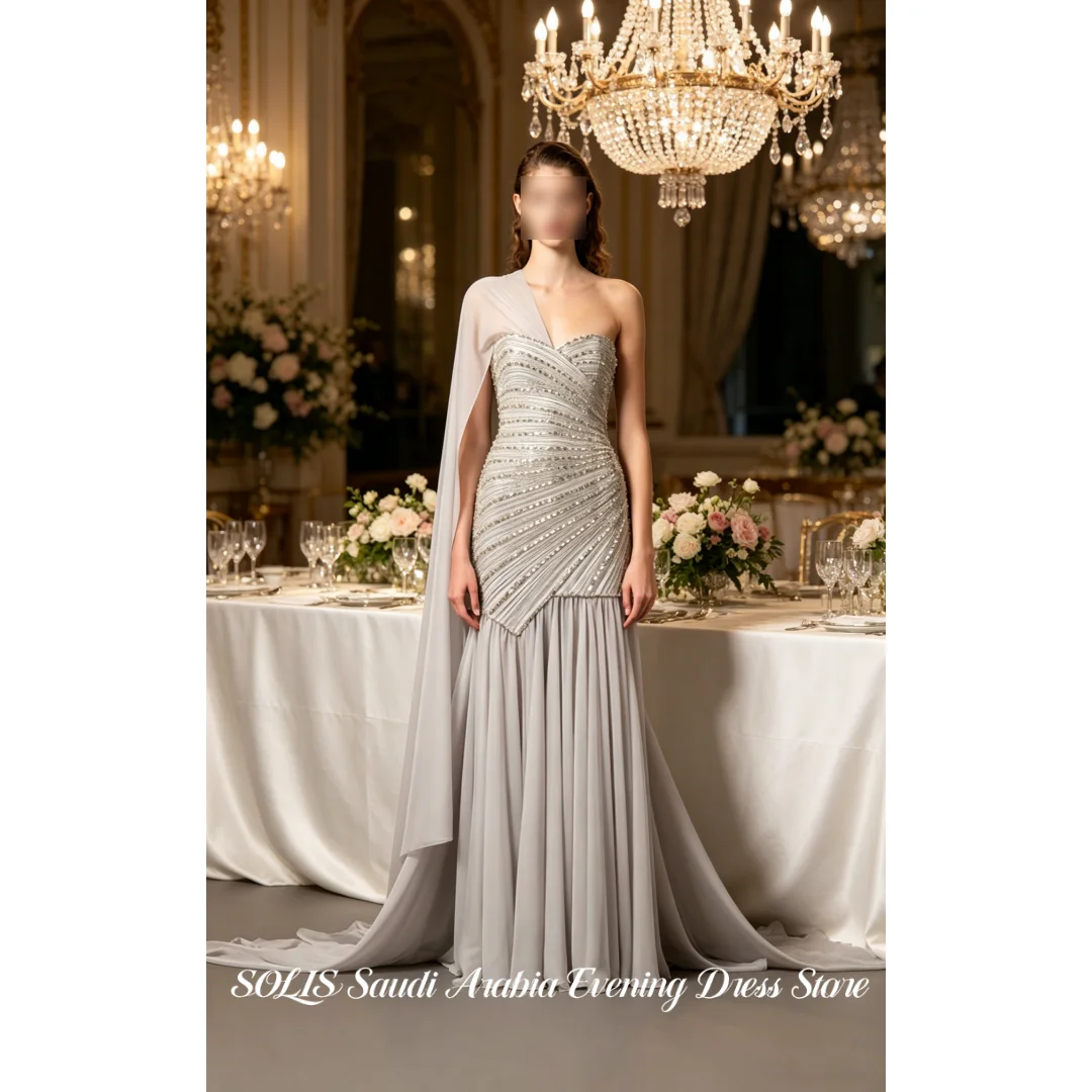 

SOLIS Elegant Grey Evening Dresses Strapless Beaded Top Prom Dress With Chffion Cape Floor-Length Formal Gown Colors Customized