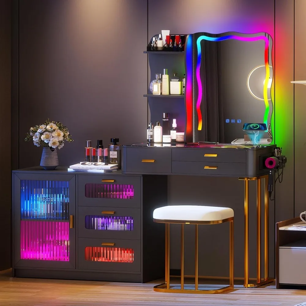 

Набор туалетного столика RGB со стеклянной столешницей с зарядной станцией, 8 ящиками и подкладкой для туалетных столиков 16dx60wx50h