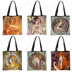 Sac à main de peinture à l'huile par Alphonse Mucha pour femmes, sacs initiés par l'impression, fourre-tout décontractés pour femmes, sac de rangement réutilisable pour femme, sac à provisions de beauté