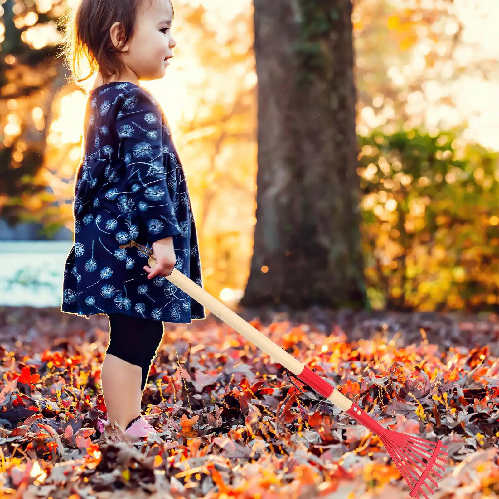 Removable Wooden Handle Rake Red Small Leaf Detachable Lightweight Gardening Tools Yard Rake Metal Lawn Maintenance