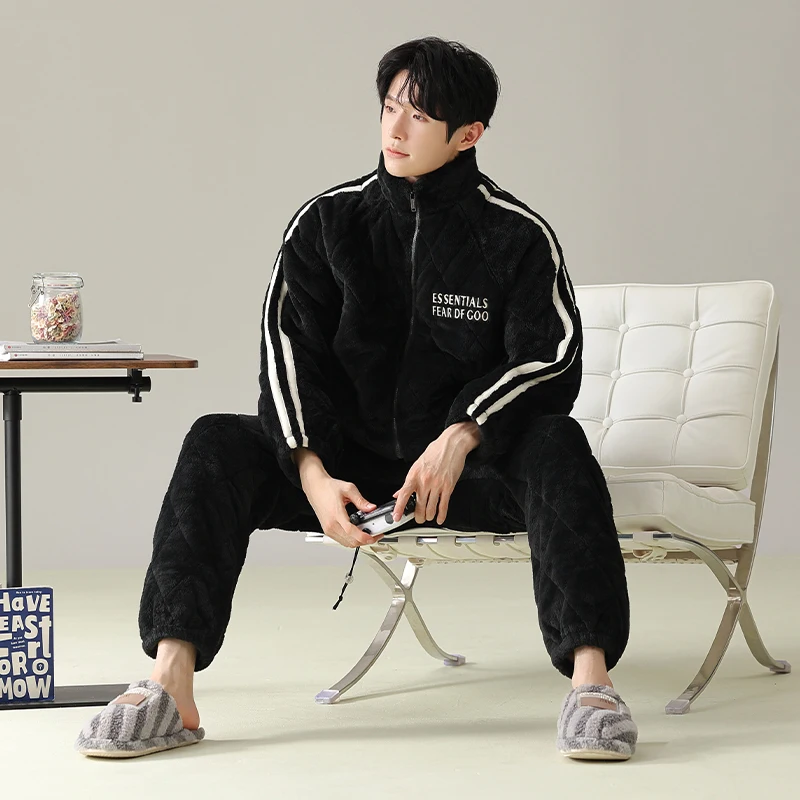 Flannel Men's Winter Pajamas Set Loose Long-sleeves Zipper Sleepwear Thick Warm Fleece Homewear Man Black Loungewear Pyjamas