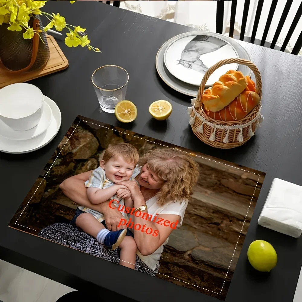 Personalized Family Photo Linen Look Placemat Set 4/6Pcs Custom Washable Rectangular Table Mats Holiday Banquet Party Decor Gift