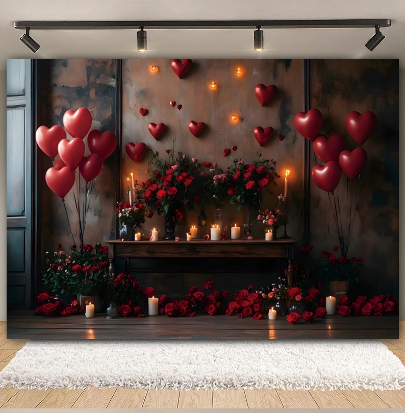 Toile de fond de la fête de Léon, rétro, château européen, cheminée, coeur d'amour rouge, ballon, fleur, décoration de fond de photographie de fête de mariage