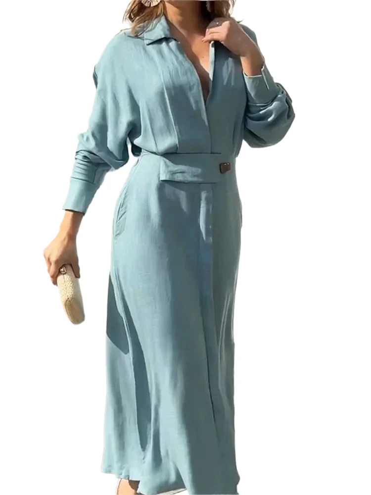 

Women Dress 2023 Autumn New Fashion Elegant Long Sleeve Leisure Time Solid Color V Neck Sexy Ladies Shirt Dresses MsChuh