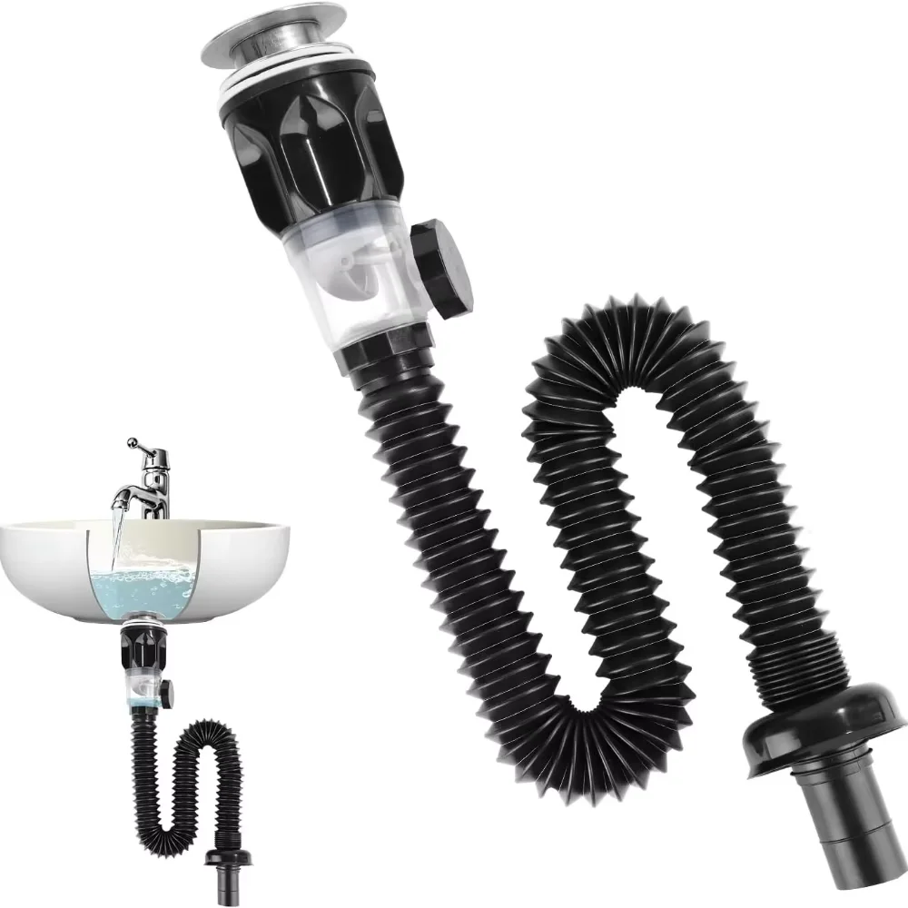 1-5Pcs ABS Body Bathroom Sink Drain Kit Drain Stopper Flexible Hose Stainless Steel Top Side Outlet Basin Drain Pipe Set