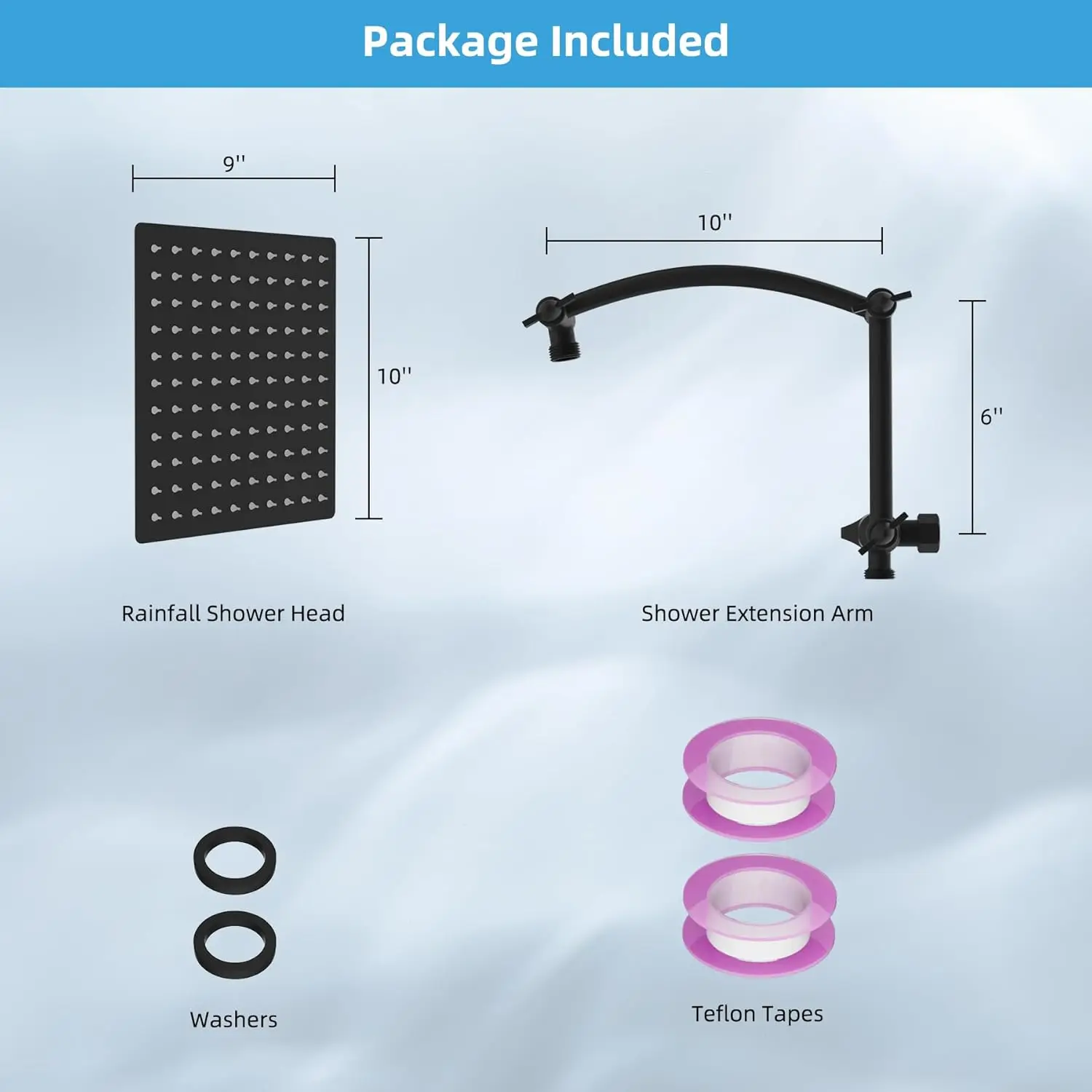 10'' High Pressure Rainfall Shower Head with 16" Adjustable Extension Arm, Matte Black, cUPC Certified