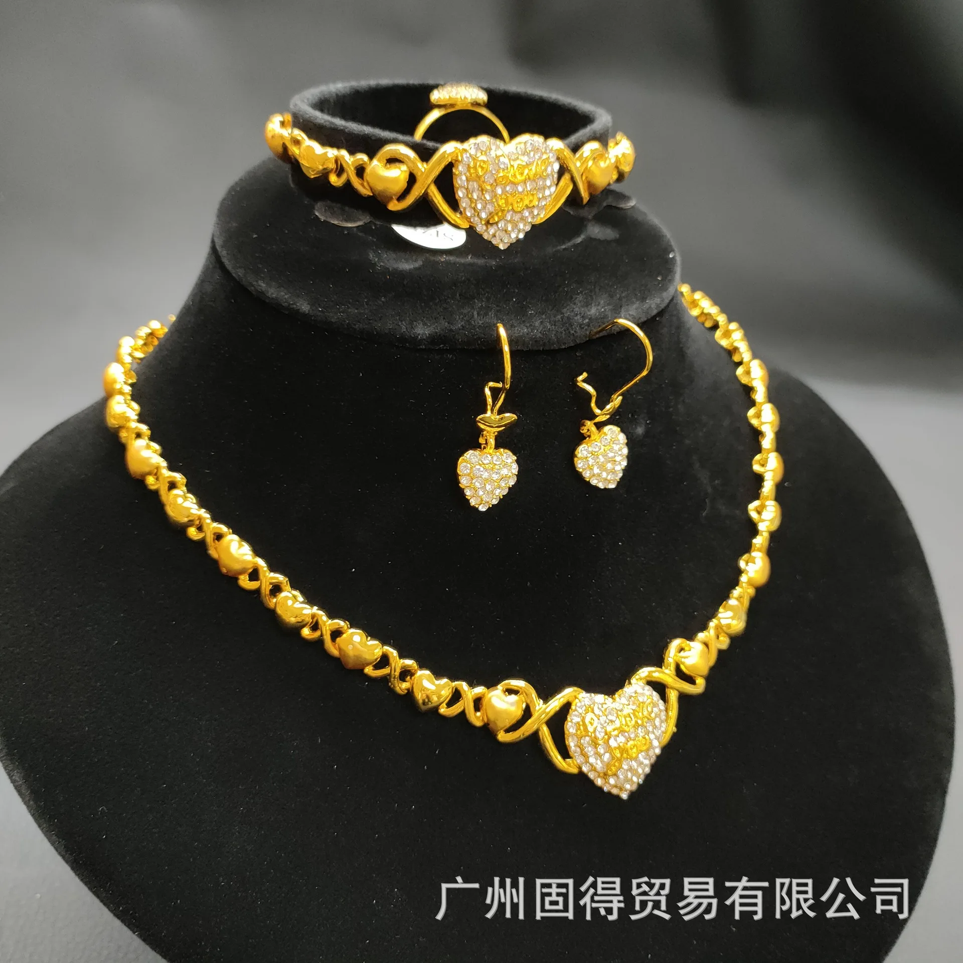 Dubai gold 24k gold-plated full diamond necklace bracelet earrings ring I LOVE YOU letter jewelry