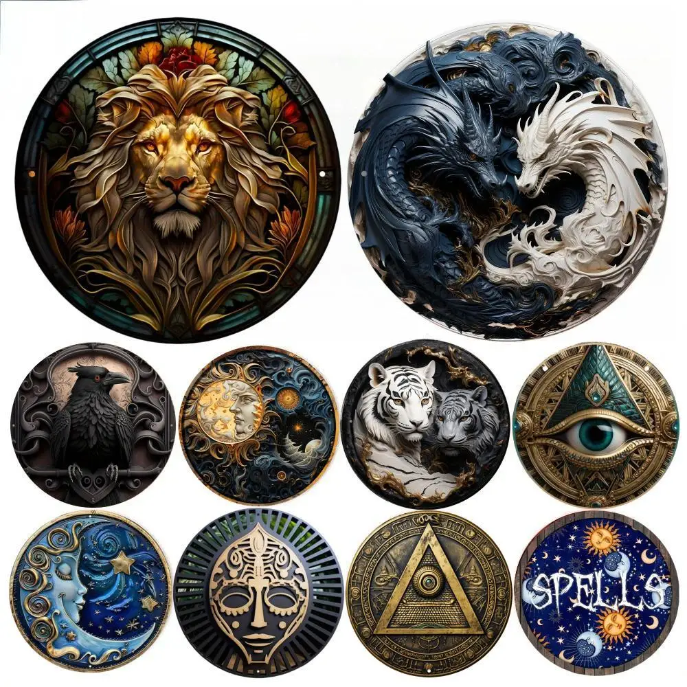 Round Metal Aluminum Sign Art Painting Wreath Decorative Plates Entrance Decor Gift Mask Theme For Bar Club Home Room Wall Decor