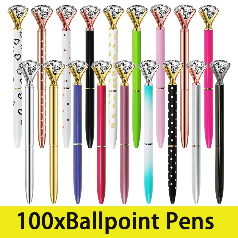 100Pcs Diamond Ballpoint Pen Crystal Rhinestones Rhinestone Writing Bling Pen Decorative Ballpoint Pens Ball Point Pens Metal