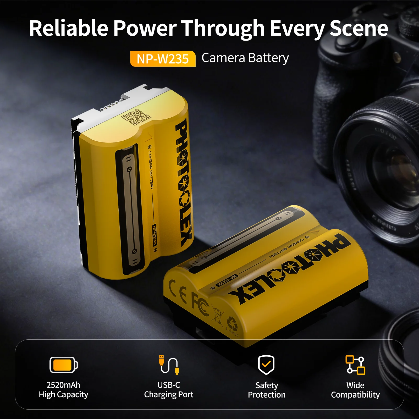 PHOTOOLEX 2520mAh NP-W235 NP W235 Battery / Fast Charger For Fujifilm X-T5 X-T4 GFX 100S X-H2S X-S20 GFX 50S II VG-XT4 Battery