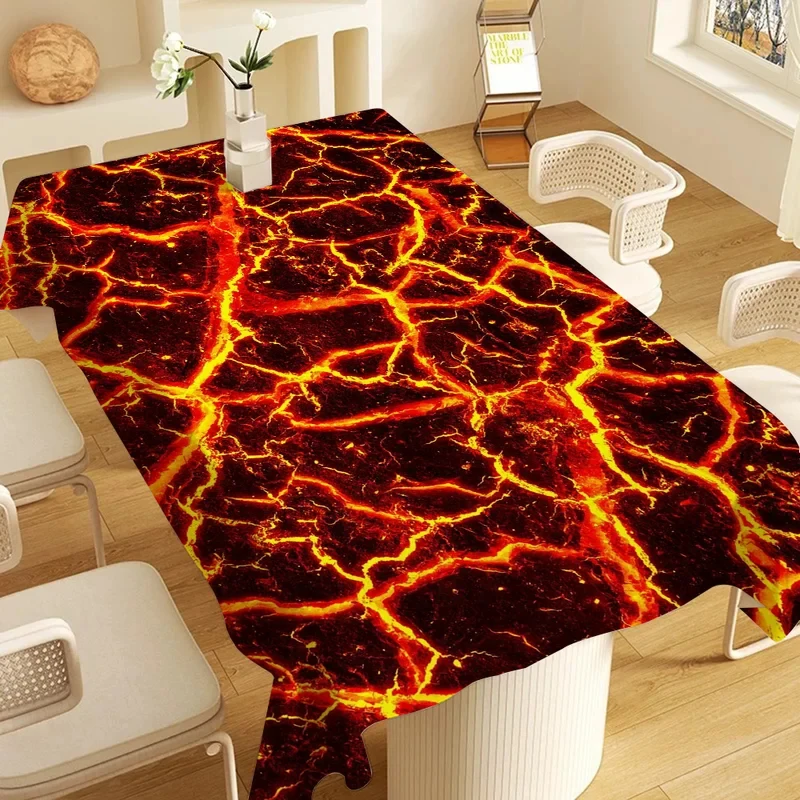 VIKAMA Lava Crack Marble Tablecloth Red Gold Volcano Magma Vein Print Waterproof Stain Resistant Rectangular Dining Table Cover