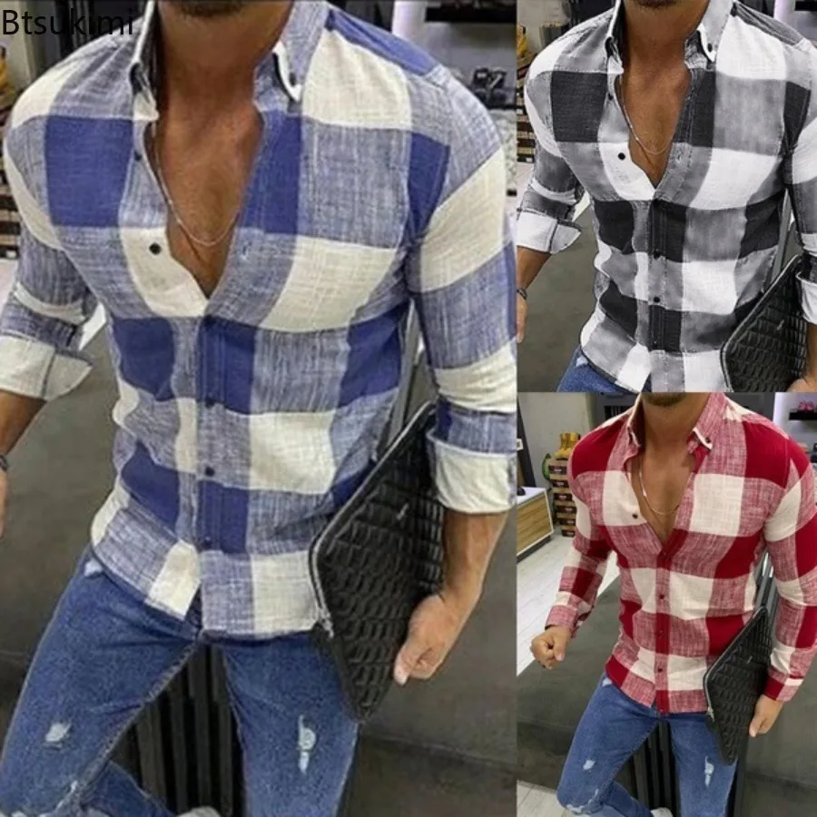 New Oversized Men Shirts Retro Classic Plaid Long Sleeve Casual Shirts Men Breathable Cotton Linen Shirt Tops Fashion Streetwear