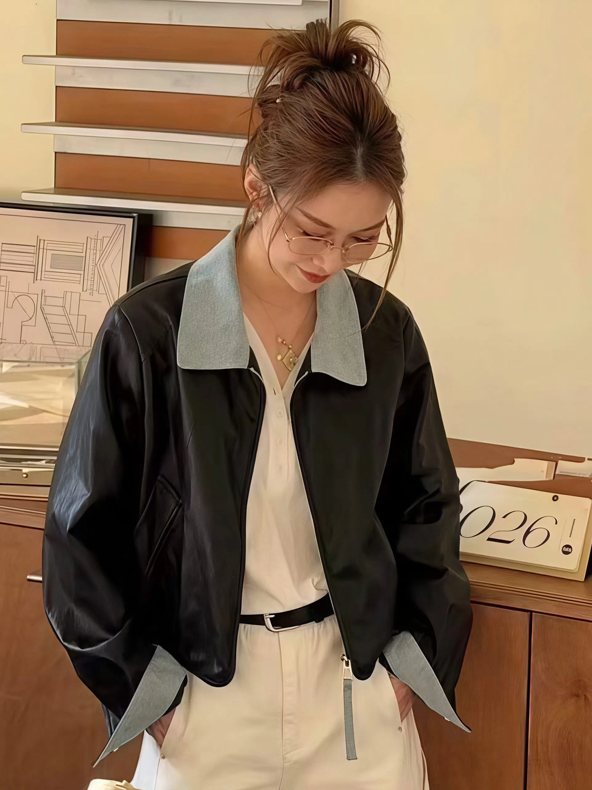 

Loose Fit Soft Leather Jacket Women's Short Style Spring Autumn New Fashion Casual PU Coat Collar Zipper up Top