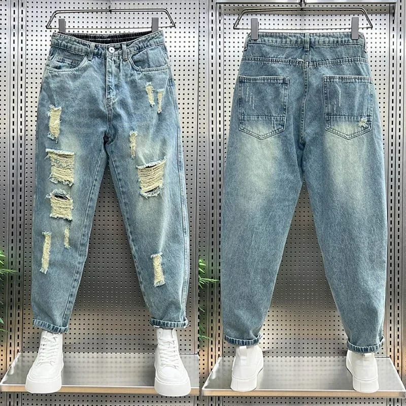

Juspinice New Ripped Jeans Men Clothes Loose Stretch High Waist Jeans Male Denim Pants Oversize Vintage Jean Trousers Harajuku
