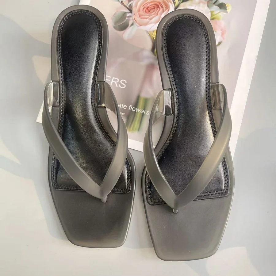 Korean Muted Tone Olive Green PVC Thong Sandals Women Clear Slim Kitten Heel Square Toe Backless Shoes Green Casual Flip Flops view 4