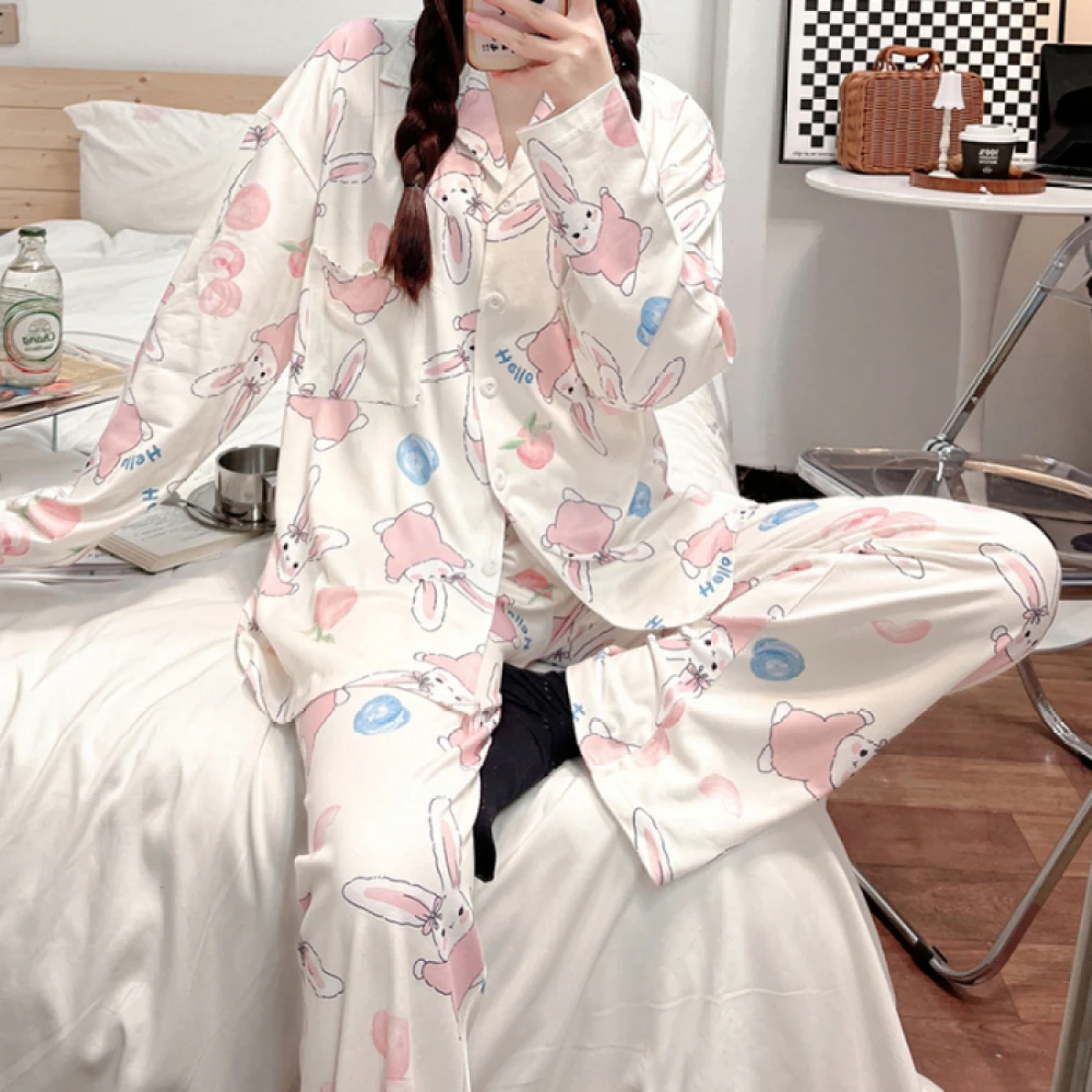 Cartoon Print Korean Kawaii Women Pajama Sets 2024 Spring Autumn New Fashion Sleepwear Classic Casual Plaid Lady Lounge Y2k