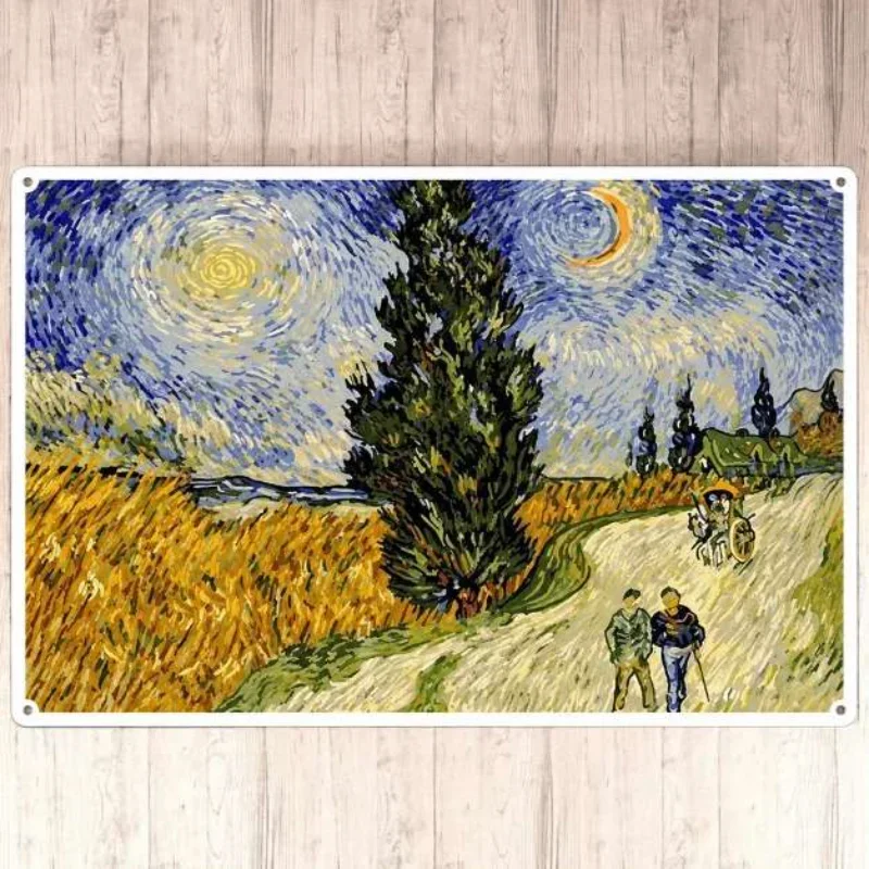 HD Metal Tin Sign Impressionist Sunflower House Village Figure Moon Starry Sky 20x30cm Wall Decor Home Decor