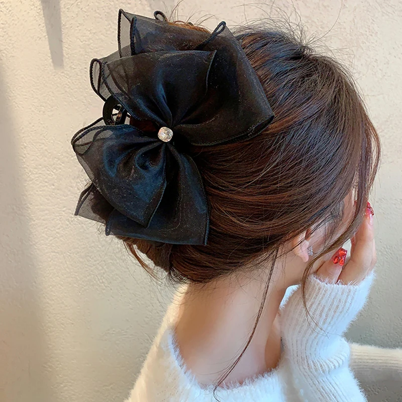 Fashion Tulle Big Bow Hair Claw Clips For Women Elegant Bowknot Hairpin Ponytail Clip Sweet Headdress Hair Accessories