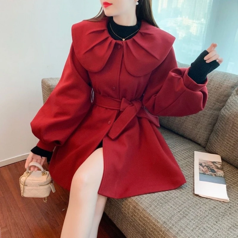 

Doll Collar with Cotton Coat Women's Long Woolen Coat in Autumn and Winter