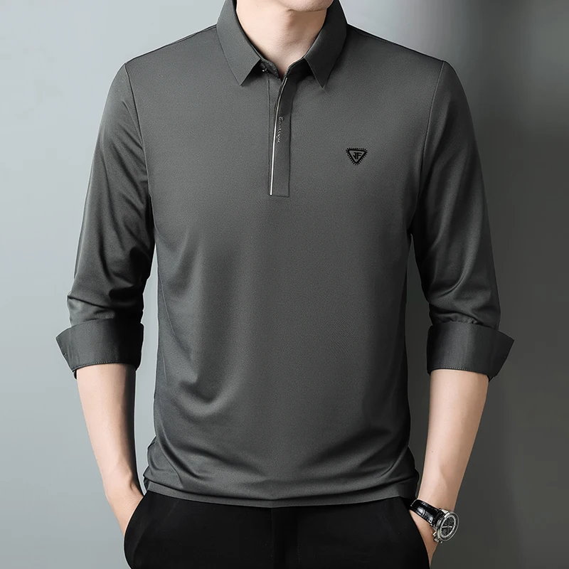 High Quality Autumn Winter Polo Shirts for Men Elasticity Long Sleeve Business Casual Collar T-Shirts