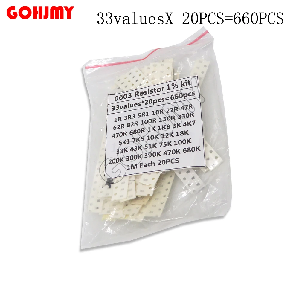 0603 SMD Resistor Kit  1ohm-1M ohm 1% 33valuesX 20PCS=660PCS Sample Kit  Assorted Kit