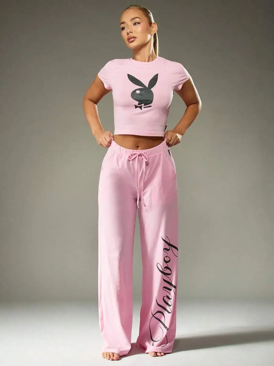 Pink Cropped Tee and Wide Leg Drawstring Pants Loungewear Set