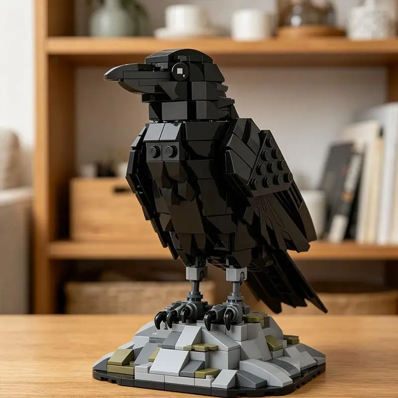 Crow building block model with base, small building block bird assembly toy, desktop collectible, 357pcs