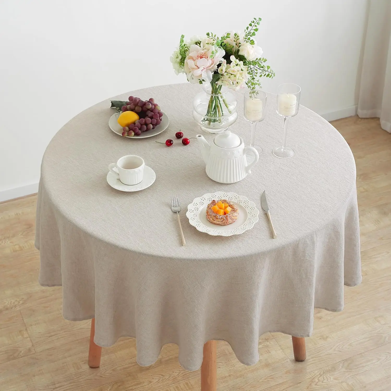 100% French Linen Round Tablecloth, Washable Natural Tablecloth for Dining, Outdoor, Weddings and Restaurants, Easter Decorative