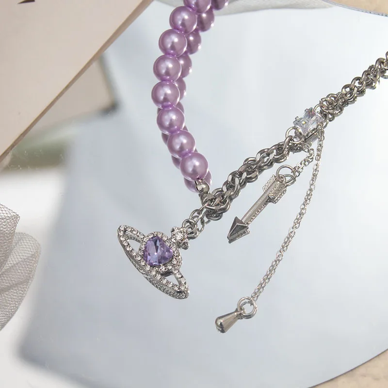 Purple Planet Pearl Stitching Necklace 2022 New Light Luxury Design Dreamy Sweet Cupid's Arrow Love Necklace Jewelry For Women