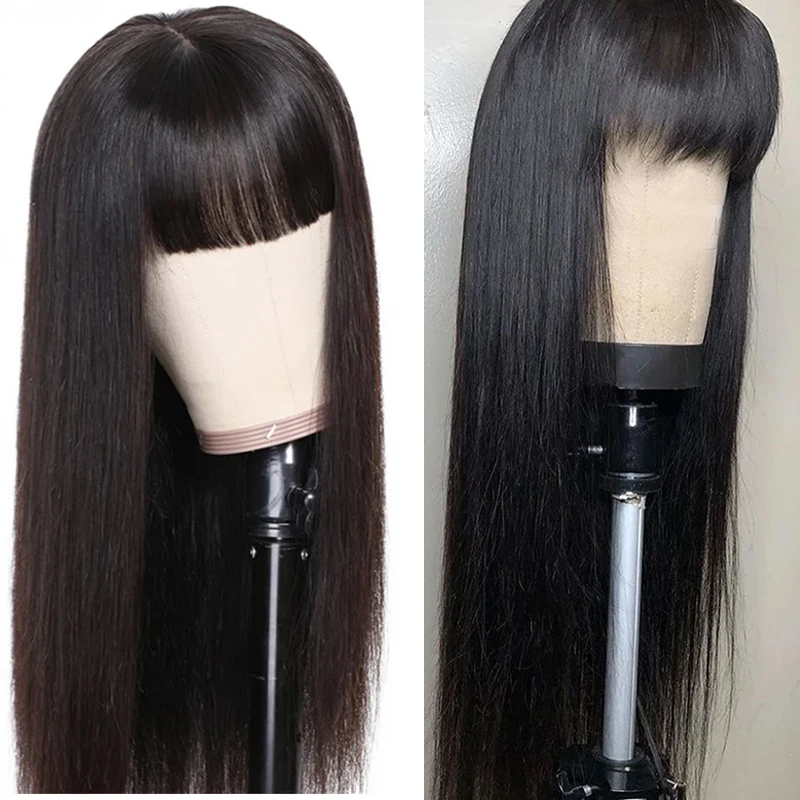 Wig rambut manusia lurus halus dengan Bang wig buatan mesin penuh 8-30 inci wig rambut manusia Remy Peruvian Remy