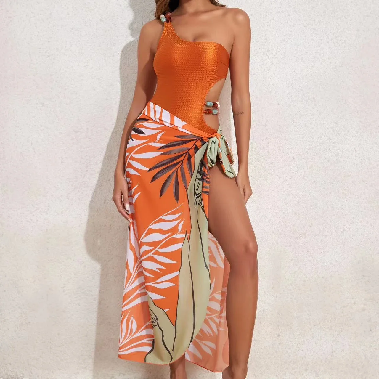 One Shoulder Cut Out One Piece Swimsuit Women Bather Bathing Suit Swim Multicolor Gemstone Strap Bikini Wrap Yarn Skirt Swimsuit