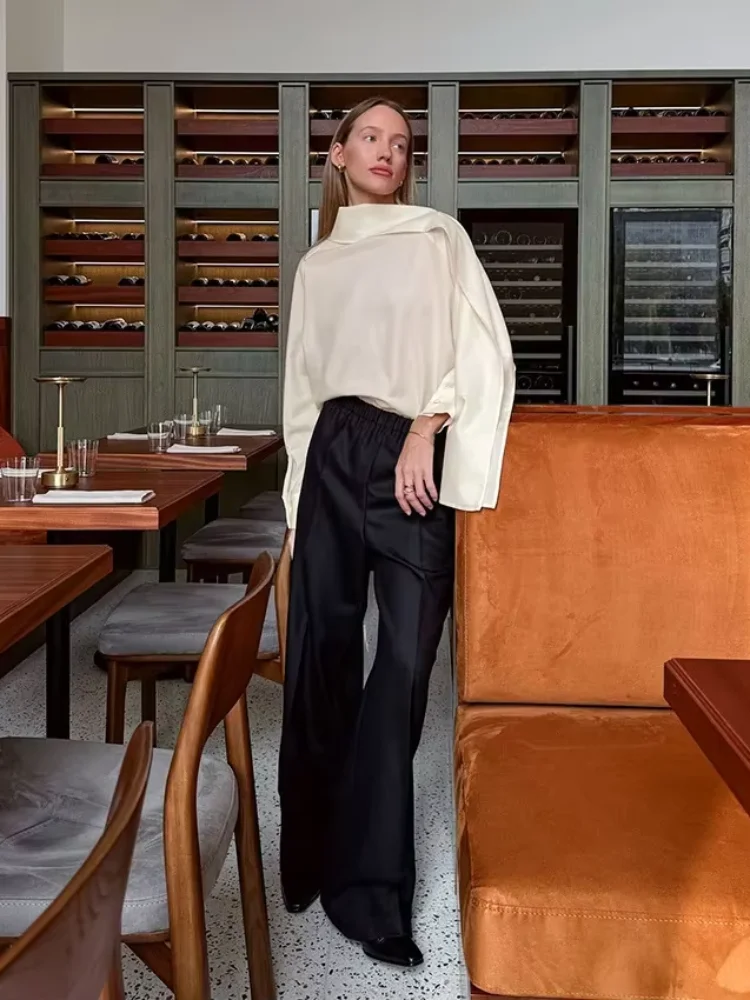 

Элегантная блузка с воротником-шарфом, свободного кроя, с длинным рукавом, с перекрестной лямкой на плече, весна 2026, для офиса и повседневной носки