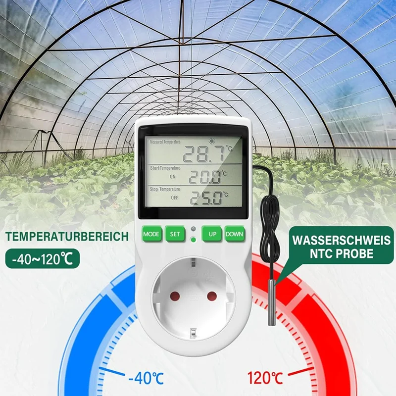 Thermostat Socket Digital Temperature Controller Socket 16A,LCD Screen Heating And Cooling Reptile Thermostat EU Plug