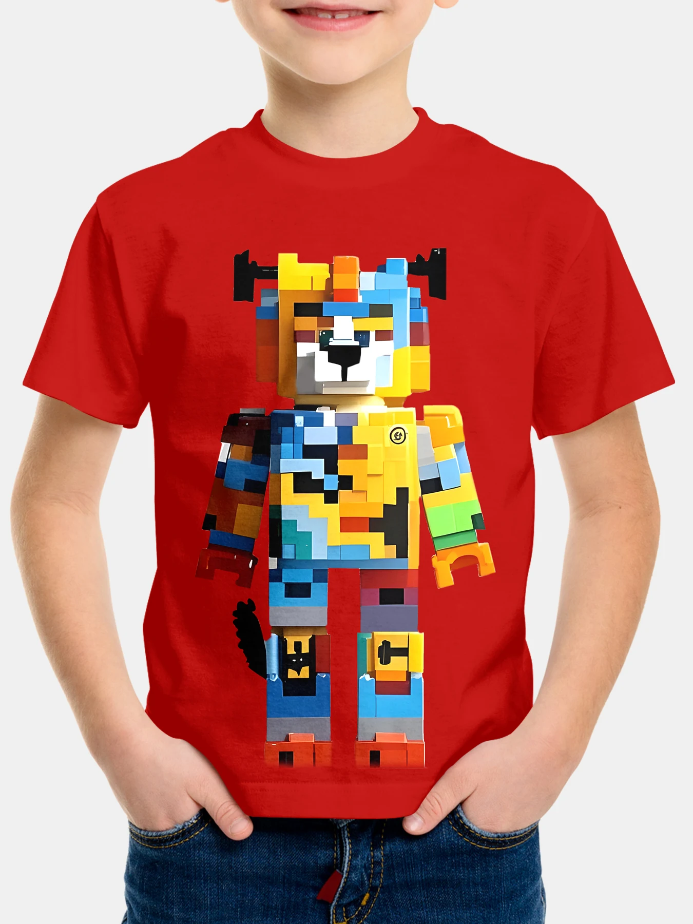 Fashion children's T-shirt Summer Fun Colorful building blocks puppy print Trend Short Sleeve boys summer 2025