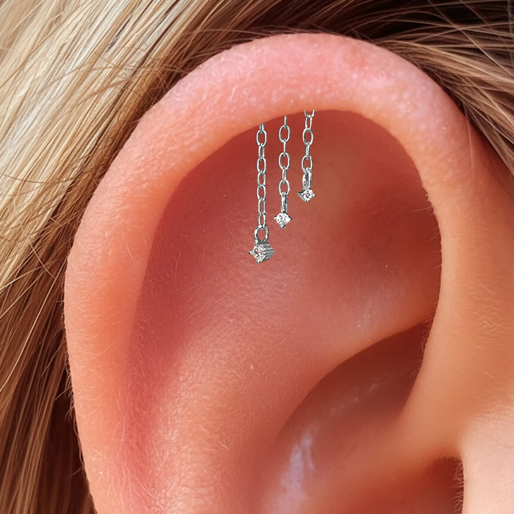 AIDE 925 Sterling Silver Geometric Zircon Chain Tassel  Women's Cartilage Spiral Piercing Earrings Flat Back Worn While Sleeping