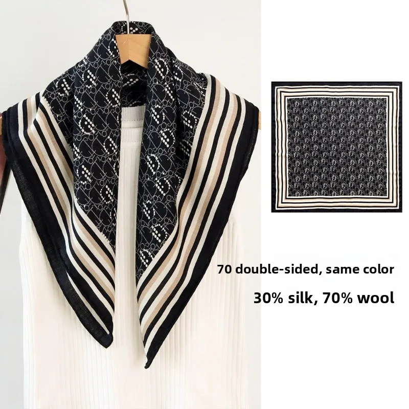 65x65CM Double Sided Same Color Square Scarf 70% WOOL 30% MULBERRY SILK Black White Letter Striped Shawl Neck Wrap Headscarf