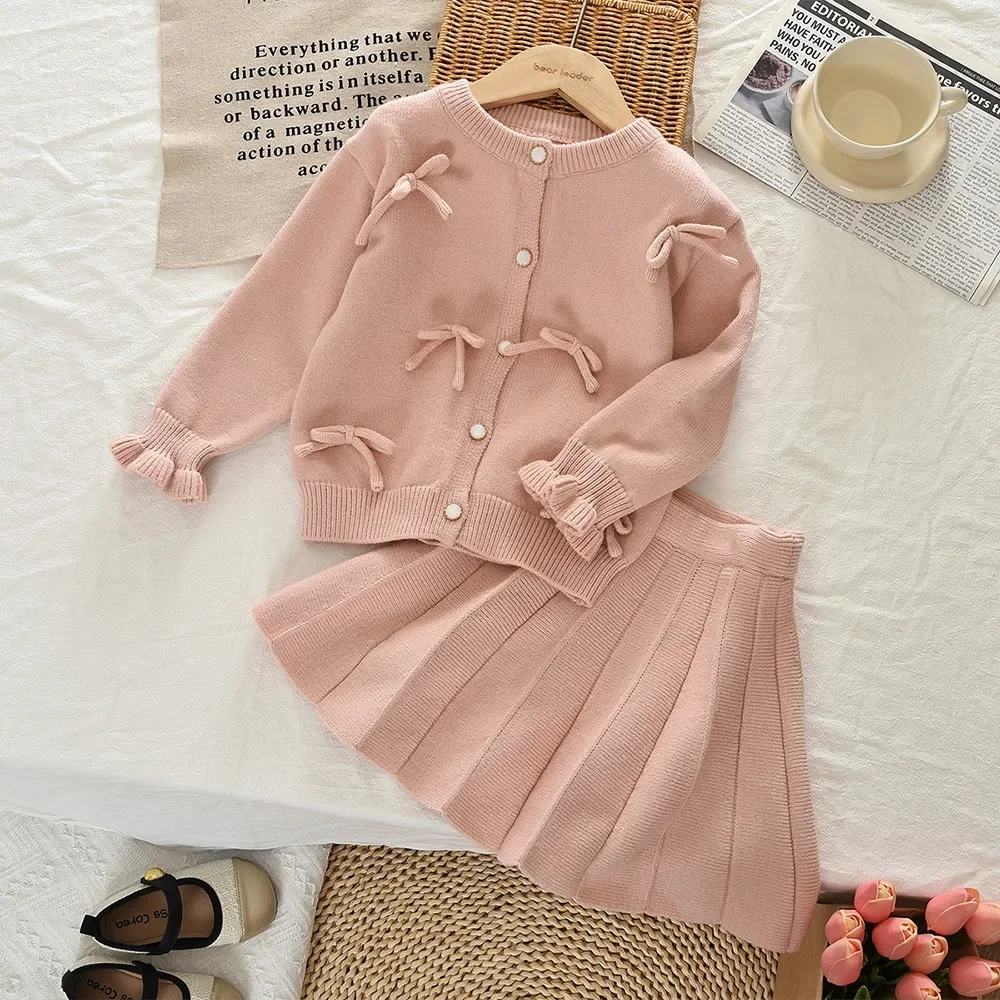 Bear Leader Autumn Winter College Style Pink Girls' Set Knitted Sweater Cardigan+Shorts 2 Pcs Bow Decoration Children's Clothing