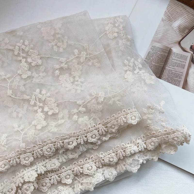 Vintage Hollow Lace Scarf Women\'s Shawl Silk Scarf Transparent White Gauze Embroidered Thin Cotton and Linen Spring and Autumn