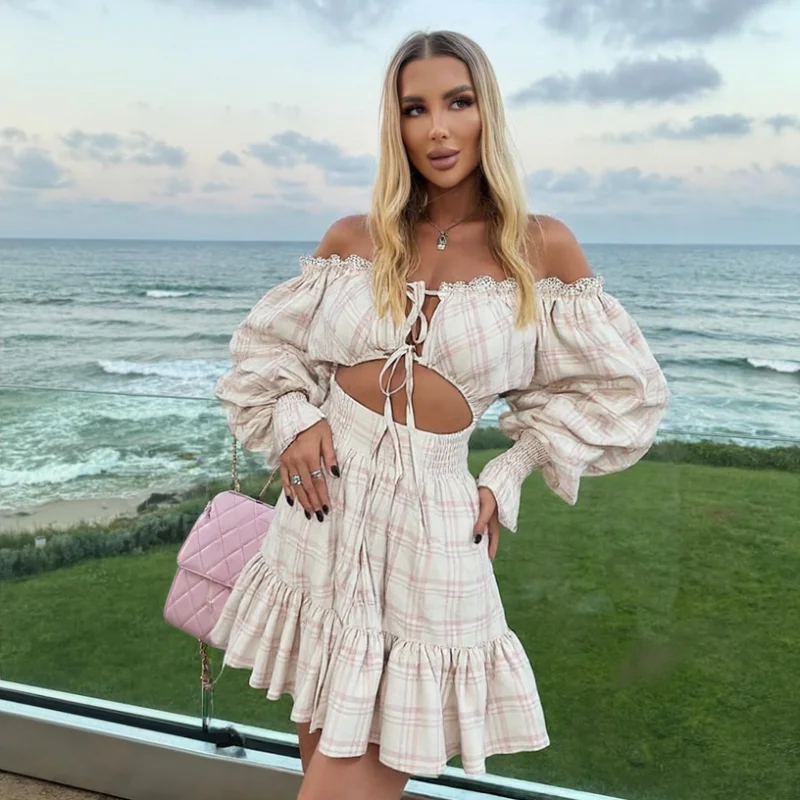 

Off Shoulder Lace Up Dress Woman Lantern Sleeves Printed Hollow Out Lace Short Dresses 2025 Spring New Fashion Sweet Women Dress