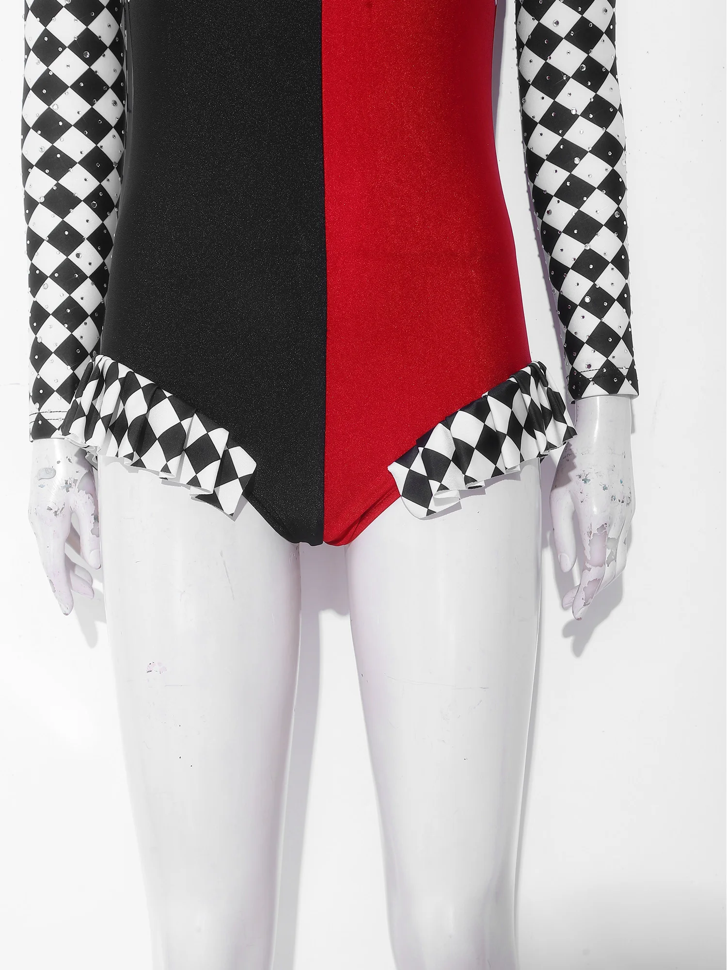 Women Clown Joker Medieval Circus Clown Cosplay Costume Halter Ruffled Color-blocking Checkerboard Jester Dance Leotard+Gloves view 5