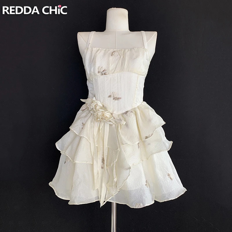 REDDACHiC Rose Pins Women Mini Cake Dress Textured Ruffle Underskirt Shirring Lace-up Corset Boned Dress Puffy Lolita Tutu Gown