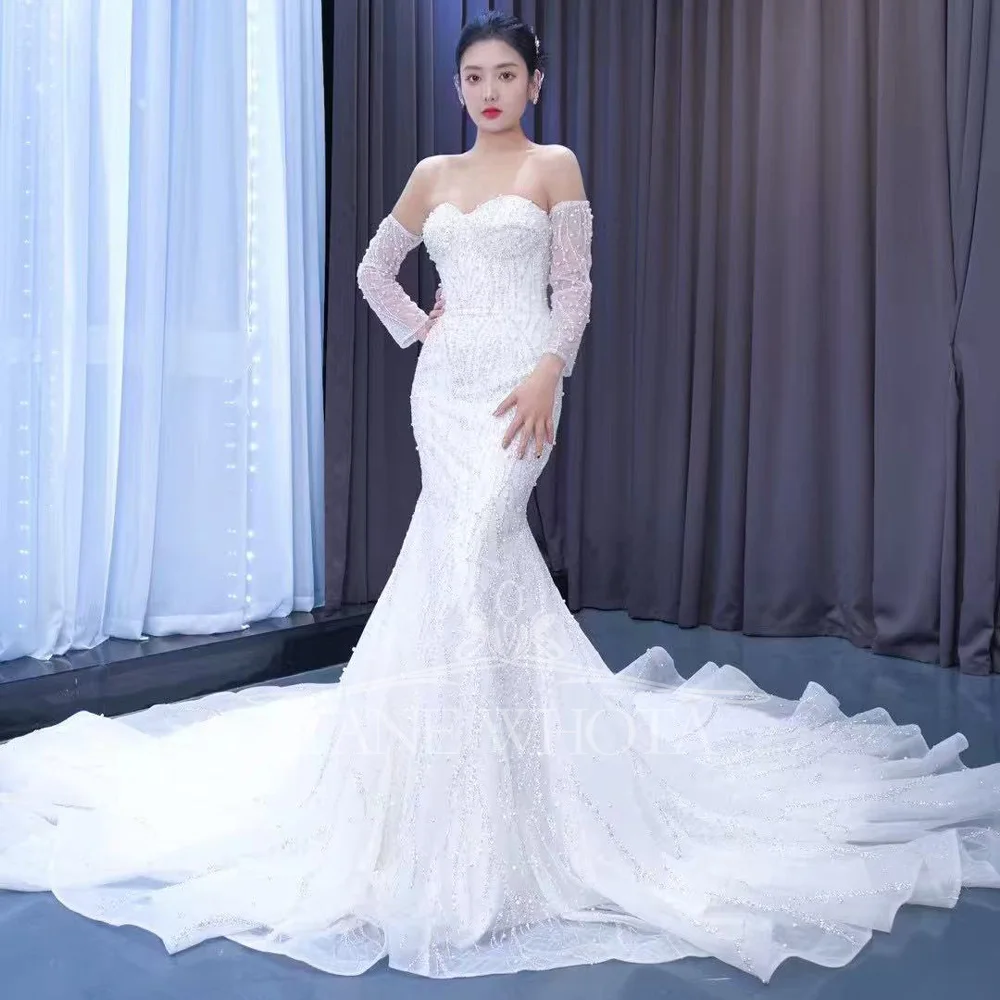 

Sweetheart Long Sleeve Lace-Up Back Sheath Wedding Dress With Luxo Beading Sequined Design Customizable Fit Sexy 2025 Style