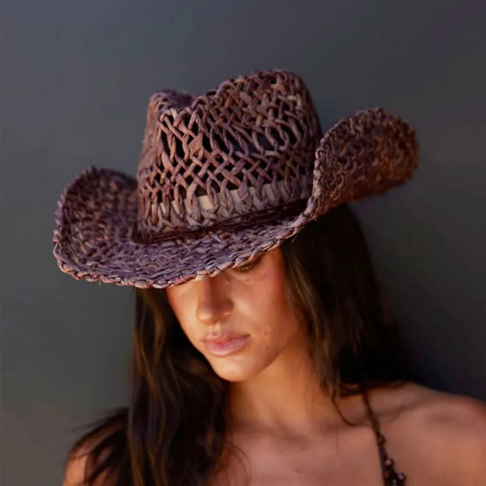 Natural Corn Straw Cowboy Hat Wholesale Handmade Western Fedora Hat for Men Women Wide Brim Sun Protection Outdoor Summer Cap