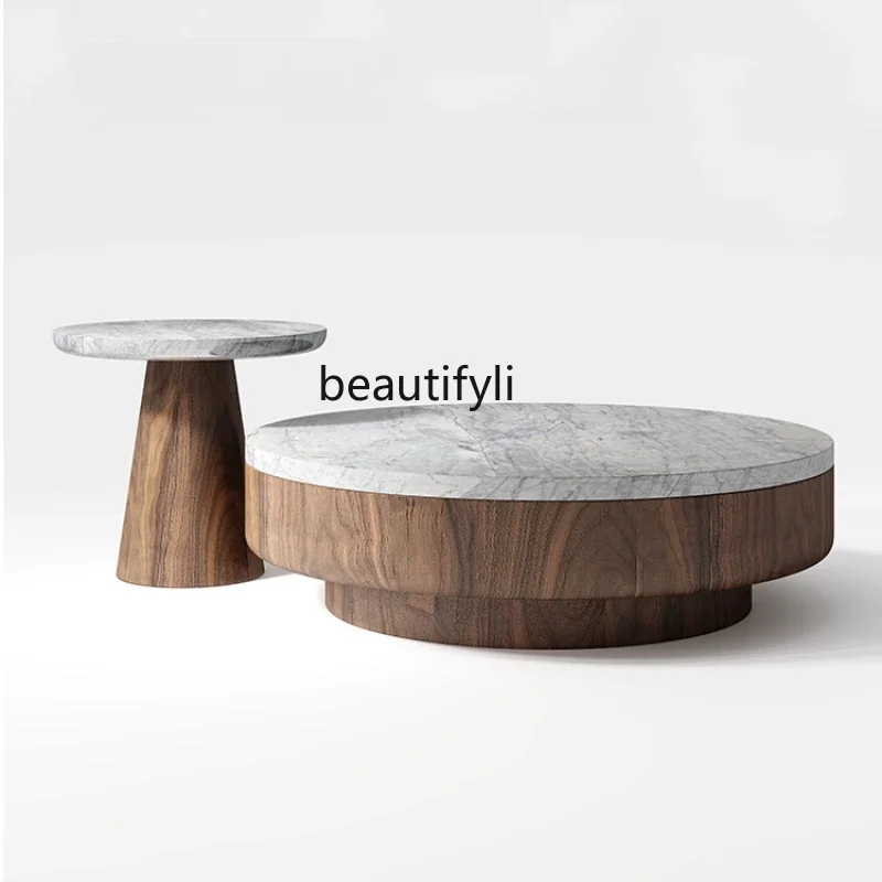 

Marble round Retro Coffee Table Combination Living Room Home Modern Minimalist Chinese Style Walnut Colors furniture