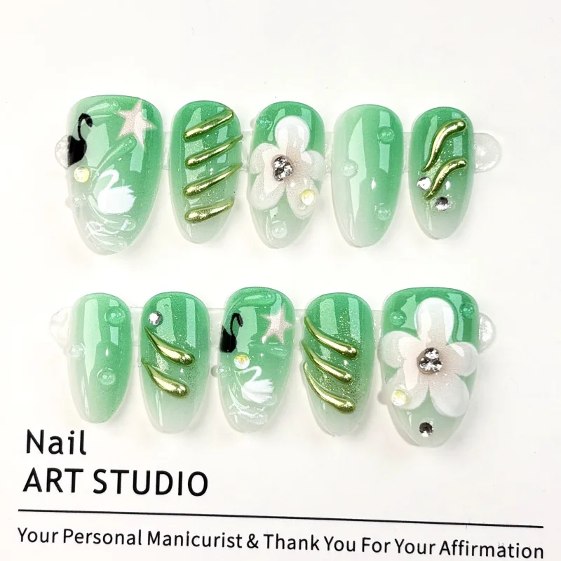 

24PCS Y2K Fake Nails Green Gradient Swan Gilded Press on Nails 3D Heavy Floral Duty Edgy Asweet Elegant False Nails Removable