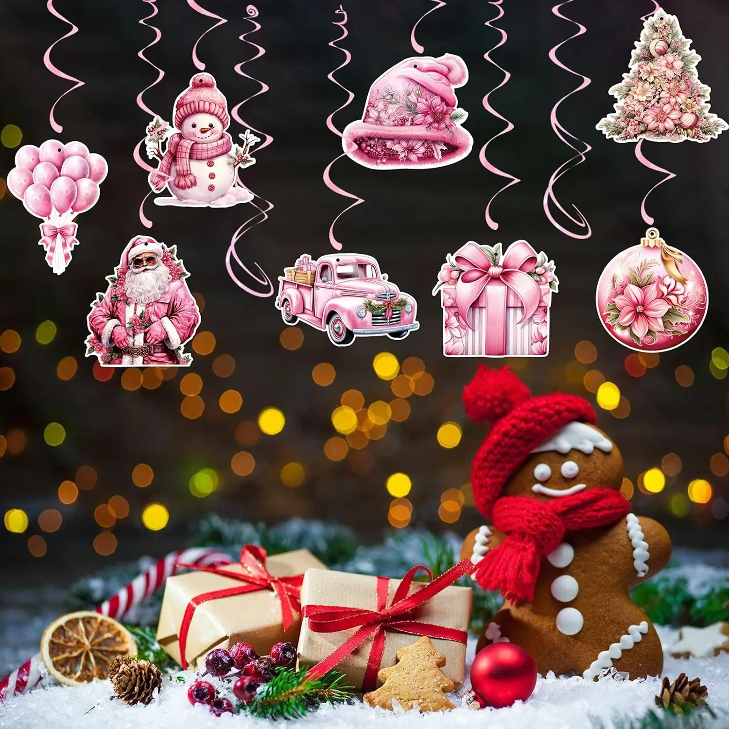 Pink Christmas-Tree Hanging Ornaments Party-Decorations - 16PCS Snowman Santa Claus Car Balloons Swirl Streamers, Xmas Home