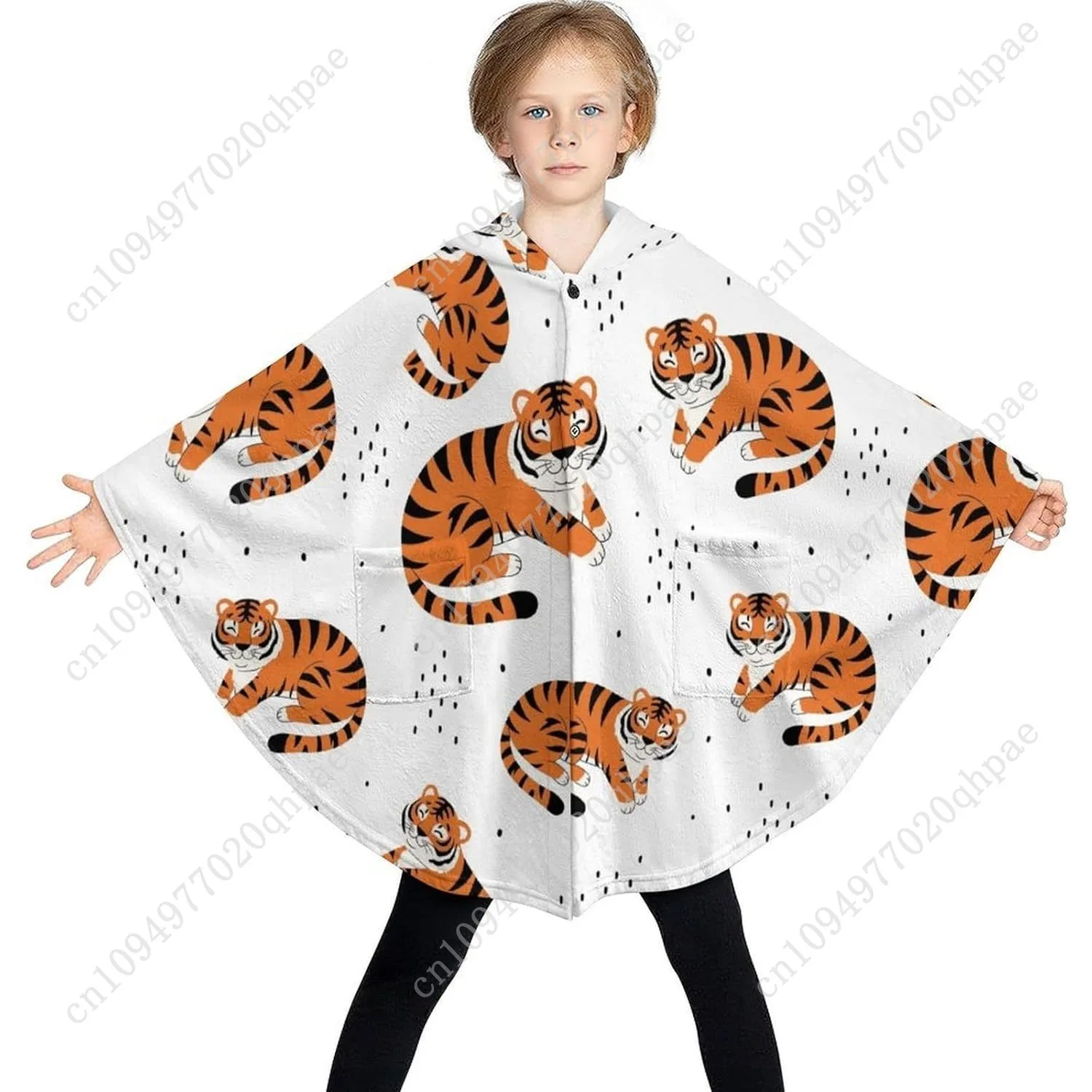 Comodo maglione coperta in flanella, felpa con cappuccio oversize con motivo tigre carino con tasche per bambini e adolescenti